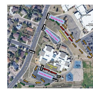 An overhead view of our school and our Kiss N Go traffic pattern.